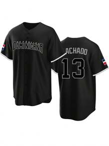 Maglietta da uomo con scollo a V in jersey da baseball nera con bottoni, maniche corte, con ricami e cuciture, da indossare in occasioni casual, sportive o di partito
