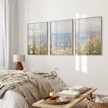 3pcs Coastal Wild Flower Wall Art, Neutral Ocean Landscape Canvas Painting, Vintage Floral Seascape Poster, Summer Floral Decor, Suitable For College Apartment, Dorm, Living Room Or Bedroom, Gift For Her, Unframed - Multicolor - View 2