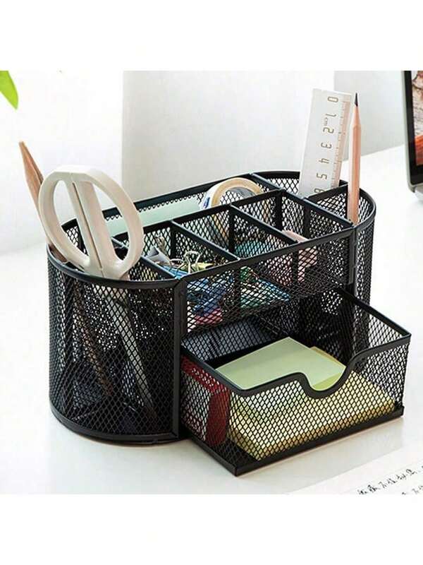 Porta-canetas com nove compartimentos e gaveta, organizador de mesa, caixa de armazenamento de mesa com arte em ferro, adequado para escritório, mesa de estudo, livraria. Presente perfeito para o Dia dos Professores, Dia dos Pais, Páscoa, Dia das Mães, material escolar, volta às aulas.