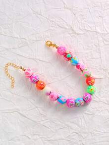 1 件随机花朵图案扣环和粘土珠手工串珠手链，17 厘米，甜美柔和的色彩，适合女士