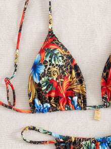 2 Pieces Women Tropical Floral & Leopard Print Tie Front Bikini Set, Vacation Casual Summer Swimwear