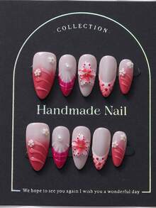 10Pcs/Pack European-American Style Almond-Shaped Nails, 3D Floral Tie Dye Design, Y2K & Ins , Handmade Delicate & Elegant Artificial Nails For Ladies & Girls Press On Nails Nail Supplies Nails - Pink - View 2