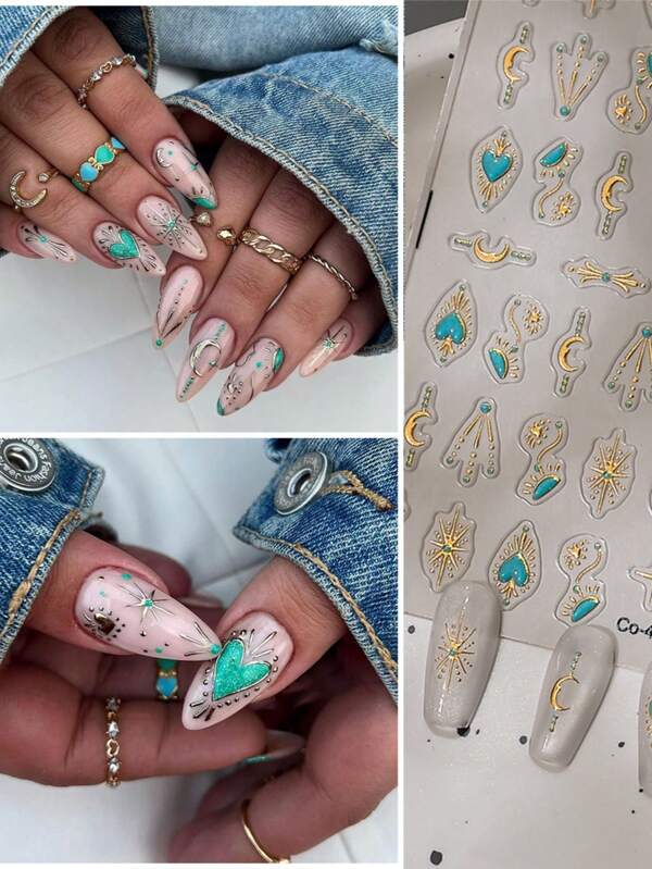 1 Pc Nail Art Stickers 5D Turquoise Star Moon Totem With Gold Foil Application Nails Polish Manicure Sticker Decals