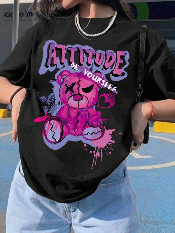 Teen Girls Attitude Teddy Print, Short Sleeve Soft Tee, Casual Street Wear Summer, Girls Tops