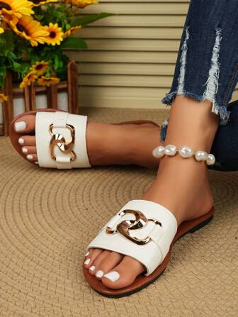 女士平底凉鞋，时尚露趾拖鞋，带金属链，度假沙滩人字拖