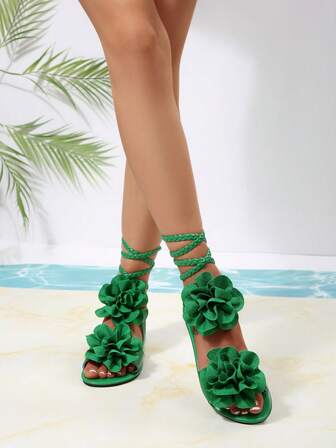 女士花卉印花平底凉鞋，休闲露趾，四季皆宜，低跟设计，带绑带，仿皮鞋底和织物衬里