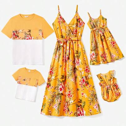 Family Matching Allover Plant Floral Print Halterneck Dresses And Short-Sleeve Shirts Sets