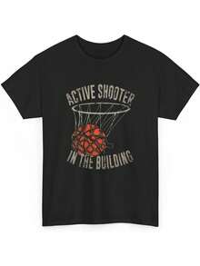 Men's 100% Cotton Graphic T - Shirt With Basketball Motif And "Active Shooter In The Building" Design, Black, Casual Style, Suitable For Everyday Wear And Activities, Streetwear, Vacation Outfits. Funny Tshirts, Graphic Tees Men, Short Sleeve T - Shirt, Men Clothing. Graphic Tees - Black - View 1
