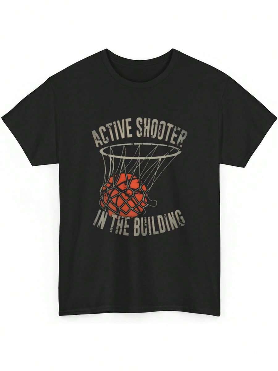 Men's 100% Cotton Graphic T - Shirt With Basketball Motif And "Active Shooter In The Building" Design, Black, Casual Style, Suitable For Everyday Wear And Activities, Streetwear, Vacation Outfits. Funny Tshirts, Graphic Tees Men, Short Sleeve T - Shirt, Men Clothing. Graphic Tees - Black - View 1