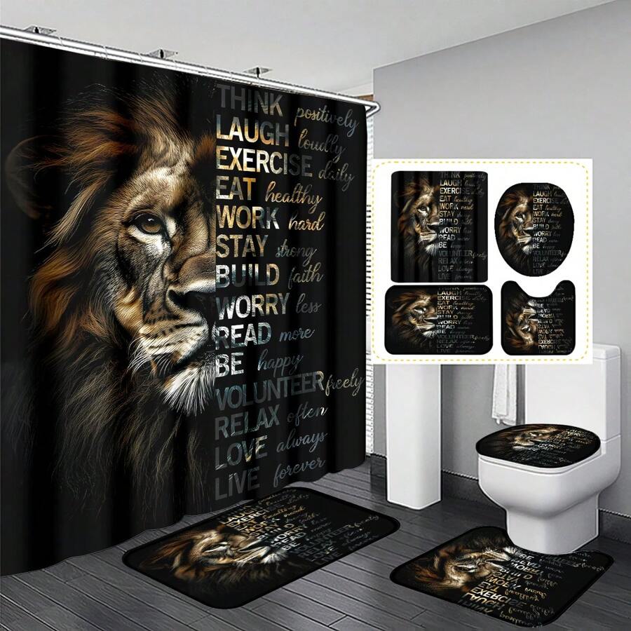 1pc/4pcs Gold African Wild Animals Manly Stylish Multifunctional Bathroom Waterproof Shower Curtain, With 12 Hooks, Bathroom Non-Slip Mat, U-Shape Toilet Mat And Round Toilet Lid Cover, Bathroom Set For Whole Scene Usage Bathroom Accessories Back To School