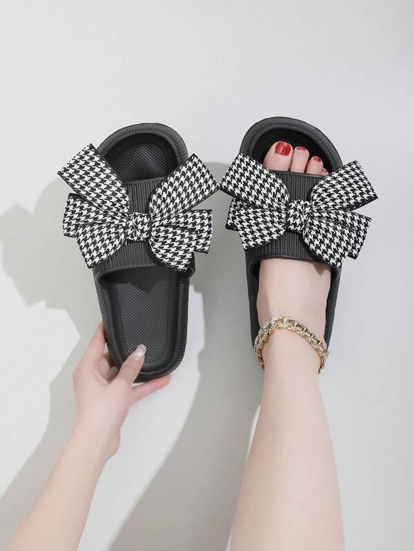 Summer New Arrival Classic Black & White Houndstooth Bow Decorated Women Flip Flops, Beach Casual Comfortable Soft Thick Sole Slippers For Indoor, Outdoor, Bathing