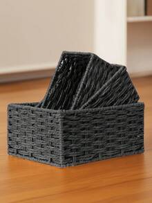 1pc/3pcs (S+M+L) Rattan Desktop Storage Basket, Makeup, Keys, Snacks Tray, Home Living Room Woven Storage Basket, Handmade Desk Organizer For Bedroom, Living Room, Study And Office, Home Decor Basket, Ideal Gift (Black) - Black - View 5