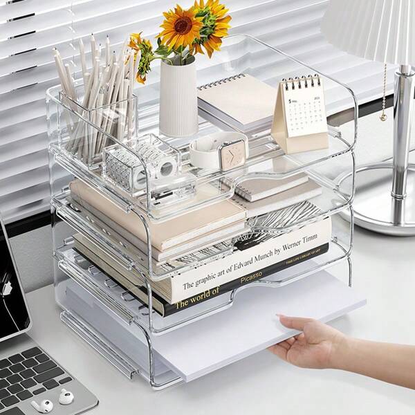 Transparenter Acryl Schreibtisch Organizer und Tablett Set, geeignet für Büromaterial, Schreibwaren, A4 Dokumente, Brillen & Zubehör, essenzieller Aufbewahrungskasten, Neue Kollektion 2025