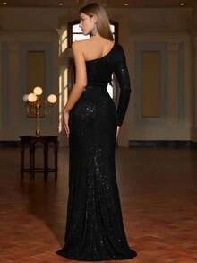Czarna cekinowa jednoramienna syrenka maxi formalna sukienka, suknia bankietowa, sukienka na imprezę, sukienka dla gości weselnych, suknia wieczorowa