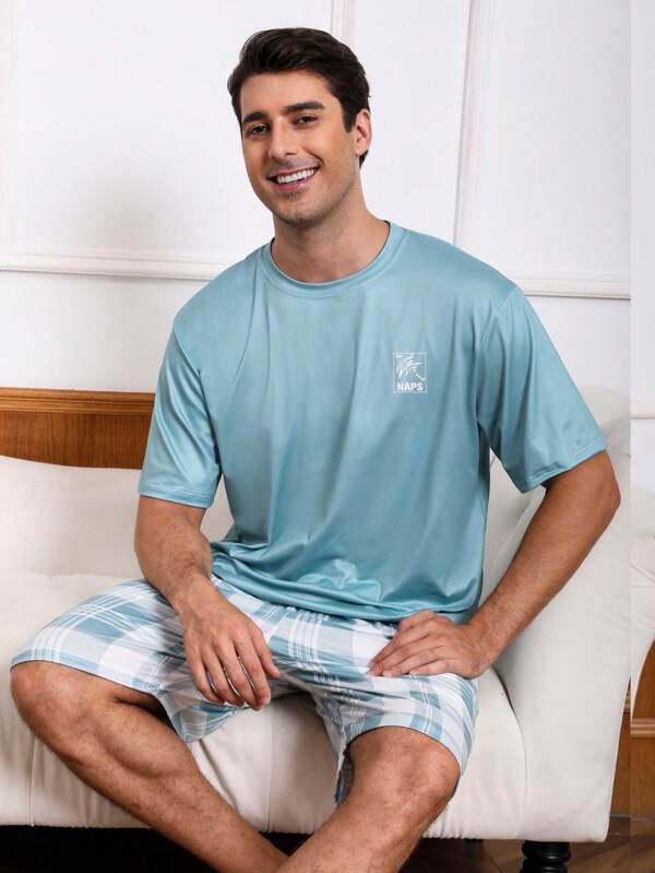 2pcs/Set Summer Lightweight Round Neck Short Sleeve Top With Plaid Print Shorts, Casual Stylish Pajama Set