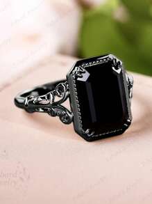 1pc Gothic Black Cubic Zirconia Square Ring, Suitable For Women Everyday Wear