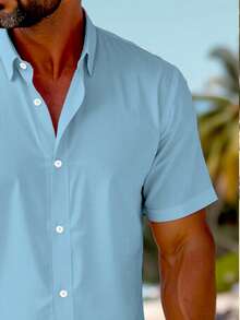 新款夏季男士衬衫，优质简约风格短袖衬衫，天蓝色轻质透气休闲户外衬衫，纽扣式