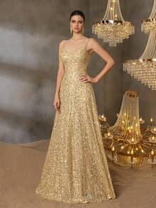 Elisanya Elegant Sequin Goddess Dress Delicate Spaghetti Strap Backless Design With Ultra-Grand Train – Shimmering In Spring/Summer Weddings & Formal Events Summer Dresses Spring Clothes - Champagne - View 7