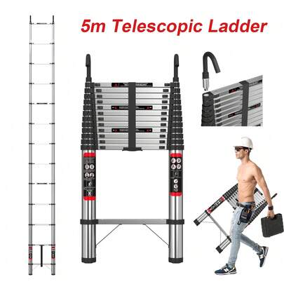 AutoFu Telescopic Ladder 5M/16.4FT Multi-Purpose Folding With Detachable Hooks, Stainless Steel Ladders 12 Adjustable Steps Extension Ladder, Extendable Resistant Foldable Ladder With EN131, Max Load 150kg