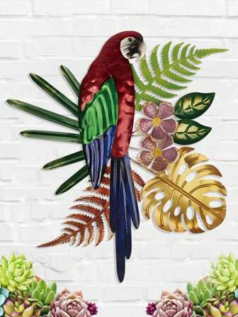 1 PIEZA Decoración de pared de metal con loro y hojas tropicales, placa de pájaro colorida y vívida, decoración versátil colgante de pared de flamenco y loro para el hogar, bar, cocina y cafetería