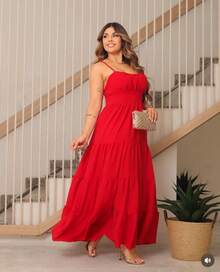 Long Dress With Adjustable Straps, Padded Cups And Lining And Elastic At The Back CREPE DUNNA FABRIC Simple Elegant Casual Party Button Ruched Pleated Bust - 紅色 - 查看 3