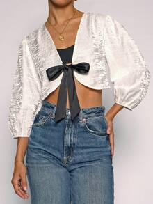 SANS SOUCI CRINKLE BOLERO JACKET WITH RIBBON TIE  Plain    Casual  Sexy  Elegant    Woven Fabric    Bolero  Ribbon    JACKET  Holiday  Night Out  Daily  Travel    ALL SEASON - 白色 - 查看 1