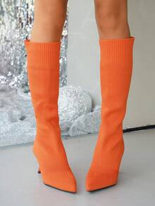 Pointed Toe Slim High Heel Knee-High Boots For Women, Plus Size Slimming & Elongating Elastic Sock Boots, Skinny Boots - Orange - View 6