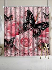 1/4 pièces Jeu de salle de bain rose floral et papillon mignon, tapis en forme de U, couvercle de toilette, avec 12 crochets - style moderne, accessoires de salle de bain de haute qualité, facile à nettoyer, convient à toutes les occasions, de retour à l'école
