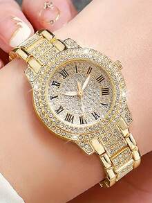 2pcs Gold Tone Alloy Roman Rhinestone Quartz Watch & Cuban Link Chain Bracelet Set, Fashion Party Birthday Gift Wristwatch - Gold - View 2