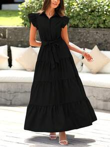 Women Summer Dress Casual Cap Ruffle Sleeve V Neck Button Down Belted High Waist Tiered A-Line Boho Maxi Dress With Pockets Boho Beach Holiday Wedding Guest Valentine - 黑色 - 查看 1