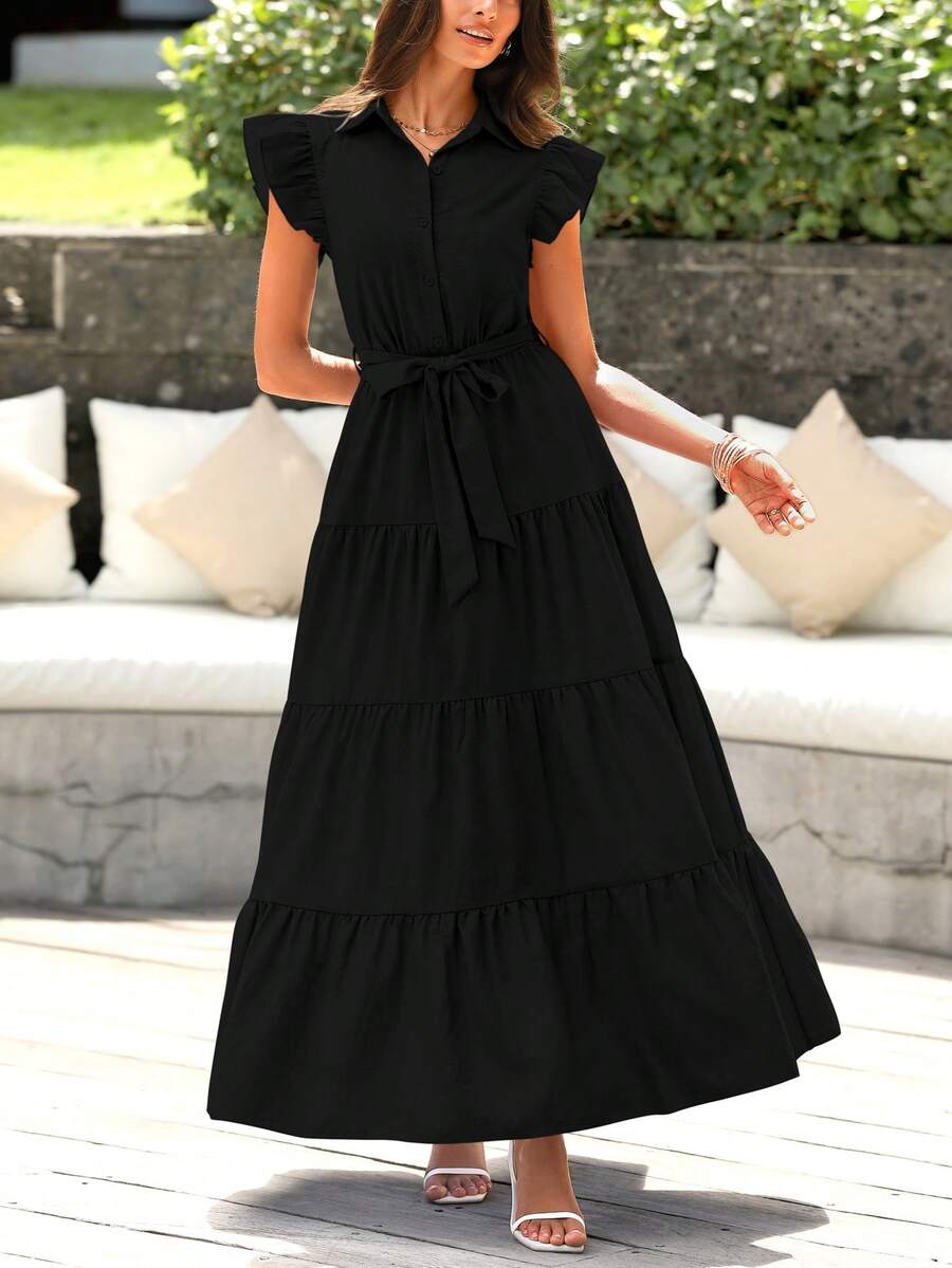 Women Summer Dress Casual Cap Ruffle Sleeve V Neck Button Down Belted High Waist Tiered A-Line Boho Maxi Dress With Pockets Boho Beach Holiday Wedding Guest Valentine - 黑色 - 查看 1