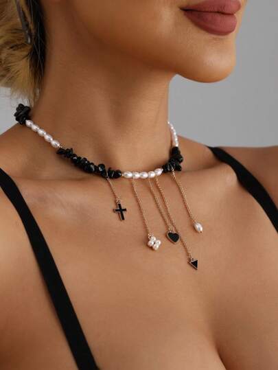 Collier de mode pendentif arbre de vie incrusté de diamants noir et blanc en nacre, chaîne épaisse en aluminium métallique pour femme
