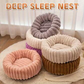 APPKER Plyschbädd för husdjur, rund design, högdensitetspolypropylen, randig varm vinterbädd för hundar och katter, bekväm för supersmå till stora husdjur, ingen montering krävs, KEMORELA