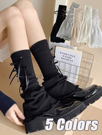 2025新款夏季薄款针织宽腿套，蝴蝶结叠穿腿套，夏季小腿套，Y2K风格，舒适保暖