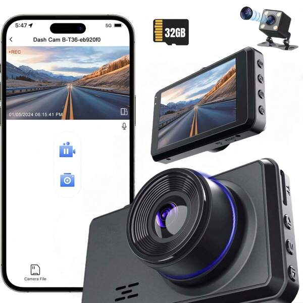 Caméra de tableau de bord double avec caméras avant et arrière à 1296P, caméra de tableau de bord de voiture compatible WiFi avec caméras avant (1296P) et arrière (720P), carte 32 Go, écran 3,0 pouces