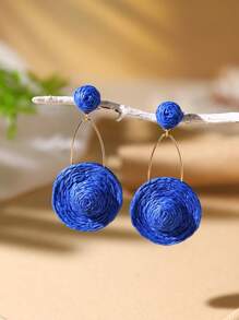 1 par de brincos de rattan com formato de coração geométrico boêmio, azul e vermelho-rosa, joias de praia adequadas para uso diário ou férias
