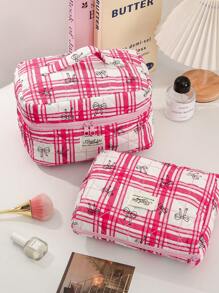1 Peça Bolsa de Maquiagem Fofa de Grande Capacidade, Nécessaire Acolchoado para Cosméticos, Bolsa de Maquiagem de Viagem com Laço Xadrez, Dobrável, com Alça, Organizador de Maquiagem Estético, Bolsa de Armazenamento para Viagem, Nécessaire Portátil, Bolsa para Lápis, Essenciais de Viagem, Férias de Verão, Volta às Aulas, Bolsa Escolar, Bolsa de Viagem para Mulheres, Bolsa de Maquiagem para Viagem