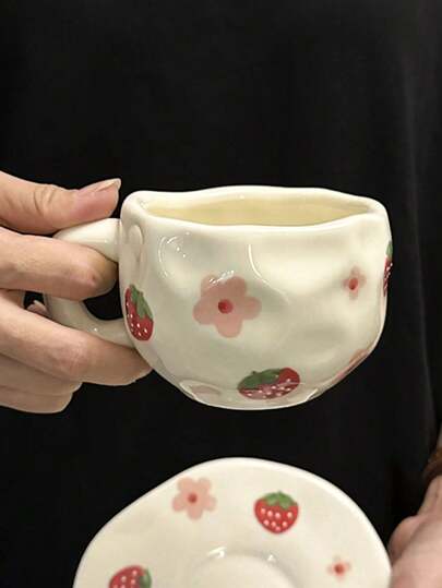 1pc Retro Strawberry Flower Ceramic Cup, Hand Painted Butterfly&Cherry Asymmetrical Shape Coffee Cup, Tea Latte Mug, Breakfast Milk Cup, Water Cup, Gift Back To School
