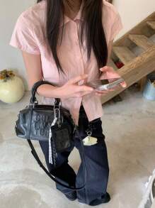 Women Summer Solid Color Casual Turndown Collar Short Sleeve Blouse