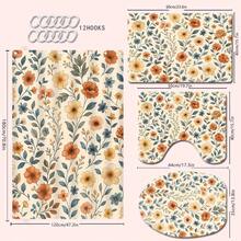 1/4pcs Vintage Flower & Wild Grass Themed Bathroom Set, Including Shower Curtain, Bath Mat, U-Shaped Toilet Lid Cover, Waterproof Shower Curtain For Bathroom Decor, Modern Style Curtain Partition, No Drilling Required, Polyester, Machine Washable Back To School - Multicolor - View 17
