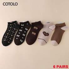 COTOLO 6 pares de calcetines cortos para mujer, patrón de dibujos animados de plumas, algodón transpirable cómodo y duradero, estilo lindo y dulce, adecuado para uso diario y deportes en todas las estaciones - Arco - Ver 2