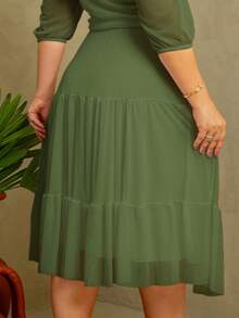 Plain Tulle Godet Dress With Belt 3/4 Sleeve Conservative/Modest Elegant Evangelical Church Fashion Santa Modas - 苔蘚 - 查看 7