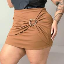 Short Saia Feminino Plus Size com argola moda inverno, estilo fivela - Nude Escuro - Visão 1