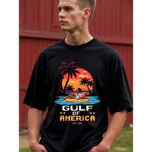 1pc Natee Summer Vibes Gulf Of America Vacation T-Shirt, 100% Fabric, , Crew Neck, Short Sleeve, Regular Fit, Weekend Casual Wear, Spring Summer All-Season Casual Wear, 180g, Ideal For Easter New Year's Day Father's Day Christmas, , Made In USA For Best Choice - Black - View 1