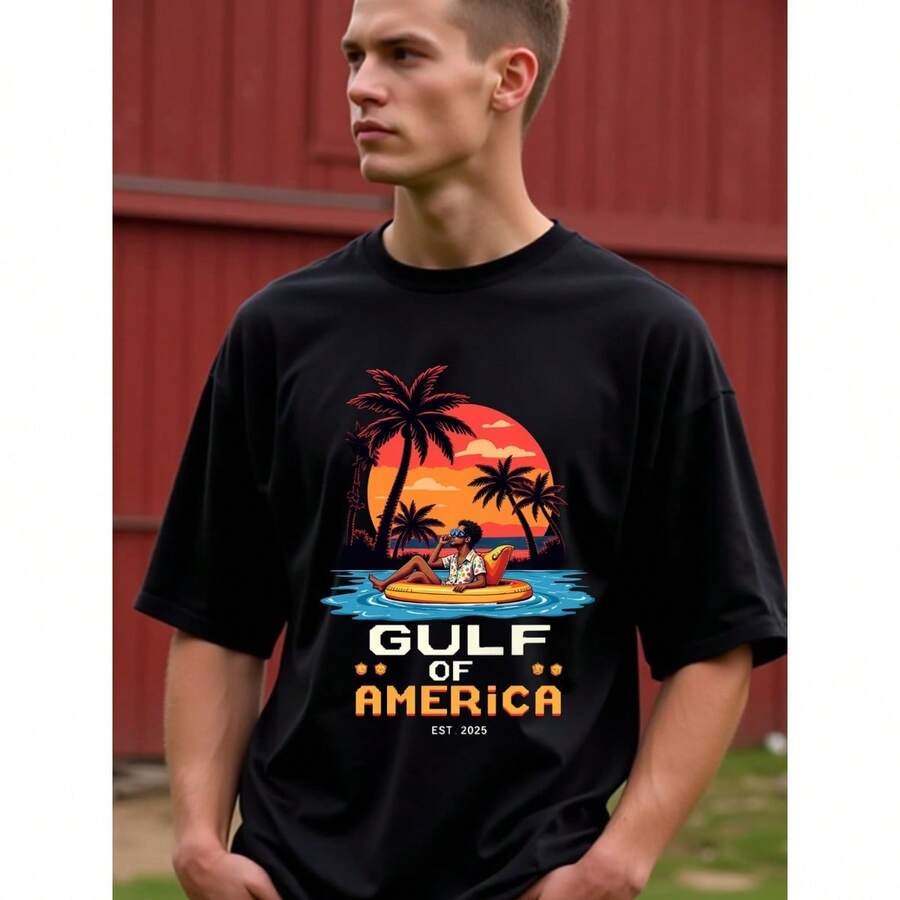 1pc Natee Summer Vibes Gulf Of America Vacation T-Shirt, 100% Fabric, , Crew Neck, Short Sleeve, Regular Fit, Weekend Casual Wear, Spring Summer All-Season Casual Wear, 180g, Ideal For Easter New Year's Day Father's Day Christmas, , Made In USA For Best Choice - Black - View 1