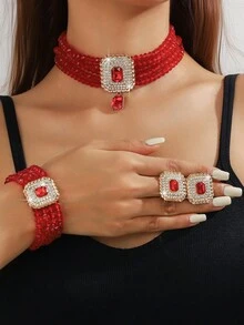 1 conjunto de colar e brincos de cristal geométrico quadrado feminino de luxo, rosa, champanhe dourado, branco, preto e vermelho, e pulseira de cristal multicamadas, para uso formal e diário - Conjunto de três peças de cristal - Ver 4