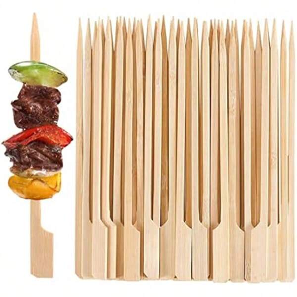 200pcs/100pcs/50pcs/10pcs Natural Bamboo Skewers, Smooth & Splinter-Free. Appetizers, Flat Bamboo Sticks. Snacks, Fruits, Seafood, Sausages. Suitable For Restaurants, Night Markets, Weddings, Parties, Picnics, Outdoor Activities