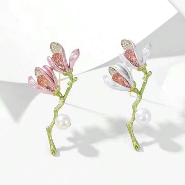 1 pieza Broche minimalista y elegante de flor de magnolia con perla, accesorio de estilo chino de alta gama con aura refinada, adecuado para uso diario o mochila escolar