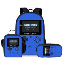 Game Console Pattern Printed Backpack Three Pieces Set (Single-Layer Backpack + Shoulder Strap Lunch Bag + Single-Layer Pencil Bag) School Bag
