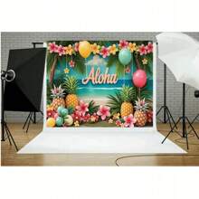 2D Flat 1 Piece Hawaiian Seaside Outdoor Theme Background Banner Aloha Alphabet Pineapple Floral Pattern For Hawaiian Seaside Party Background For Vacation Party Moments Photography Background Decoration Props Vinyl Material